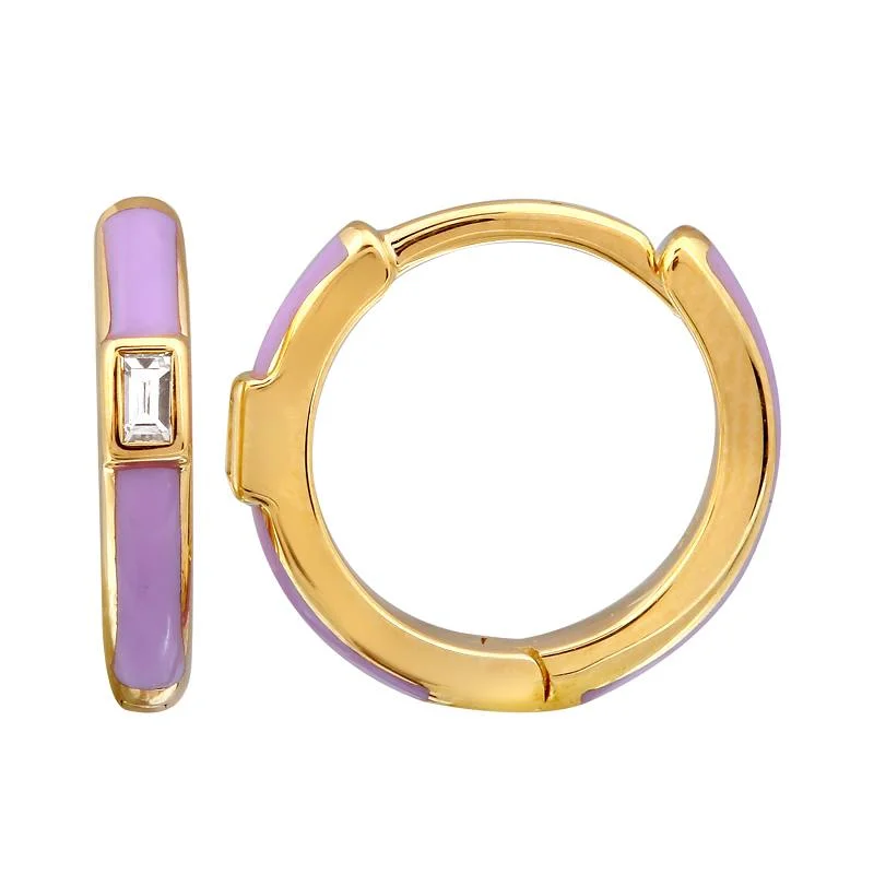 Personalized Hoop Earrings For Custom Gifts-14k Yellow Gold Lavender Enamel & Diamond Huggie Earrings