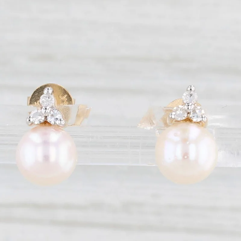 Statement Hoop Earrings For Casual Wear-New Cultured Pearl Diamond Stud Earrings 14k Yellow Gold