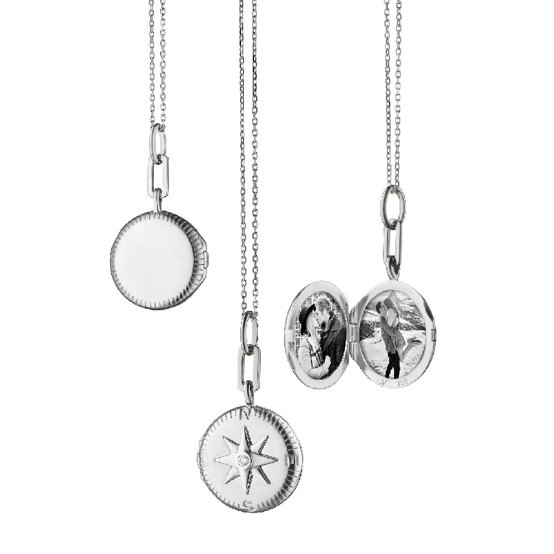 Long Silver Necklaces For Fashionistas-Monica Rich Kosann Adventure Global Compass Travel White Sapphire Locket