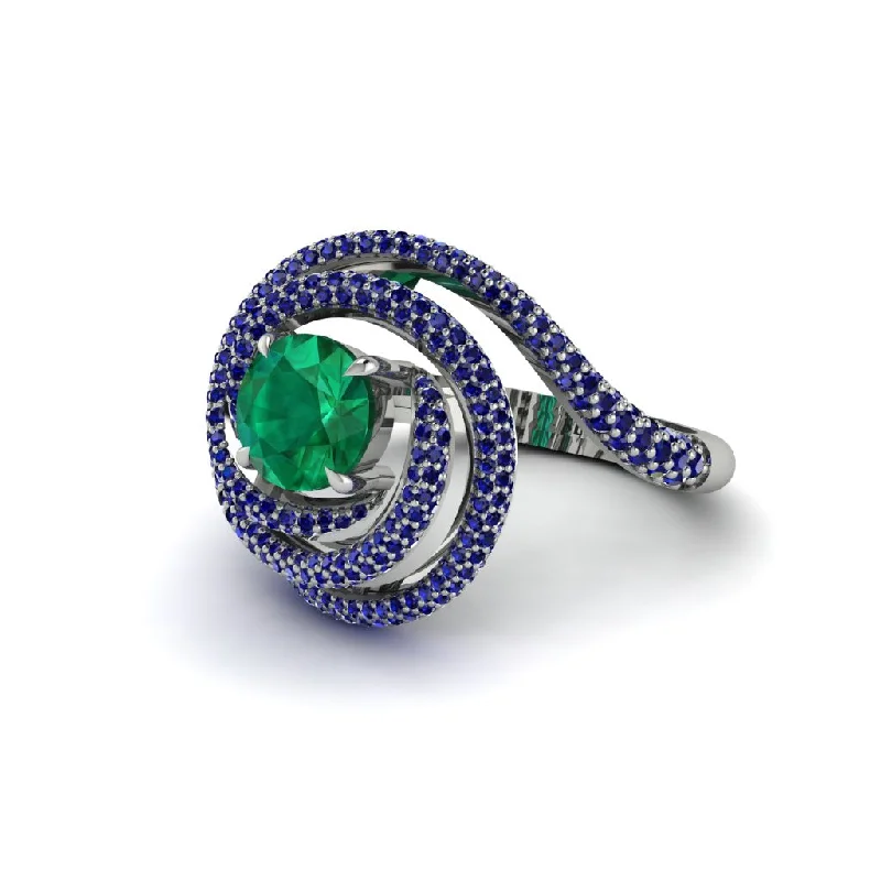 Beautiful Custom Wedding Rings For Couples-Emerald Double Halo Swirling Engagement Ring - Serena No. 66