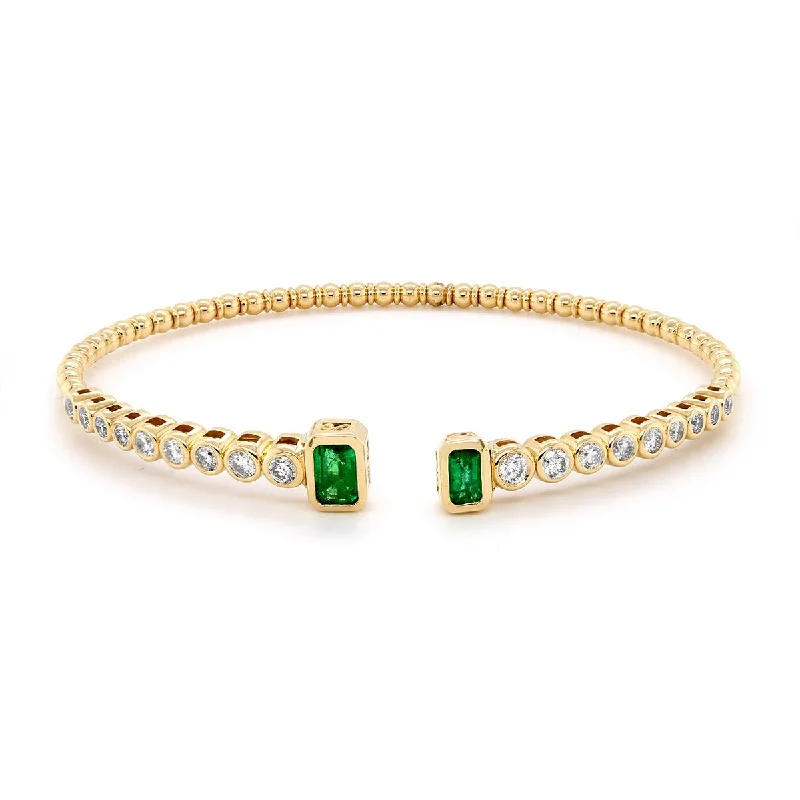 Bangles For Special Anniversaries-YELLOW GOLD OPEN BANGLE BRACELET WITH EMERALDS AND DIAMONDS, .85 CT TW