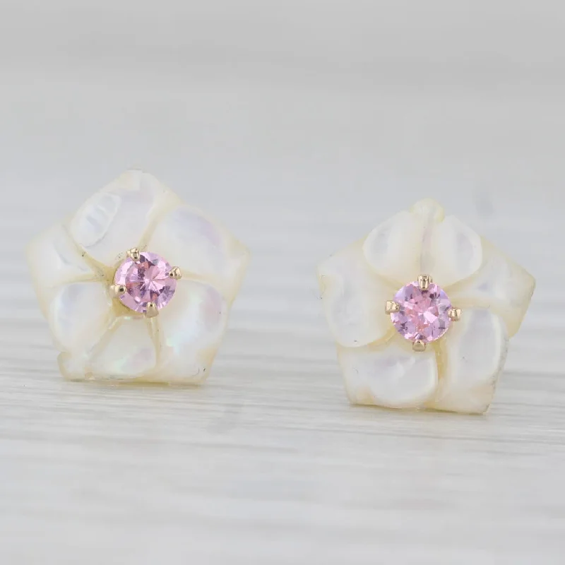 Chic Boho Earrings For Festivals-Mother of Pearl Pink Sapphire Flower Stud Earrings 10k Yellow Gold