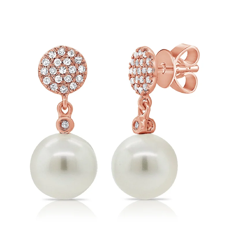 Colorful Drop Earrings For Casual Style-14K Rose Gold Diamond Disc + Pearl Earrings