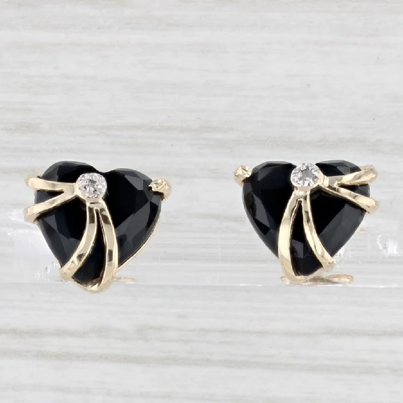 Simple Hoop Earrings For Everyday Style-Onyx Heart Stud Earrings 14k Yellow Gold Diamond Accents