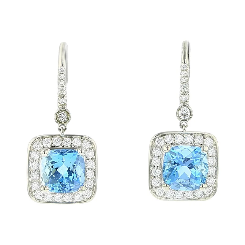 Silver Earrings For Formal Events-18K Gold Cushion Aquamarine and Diamond Earrings