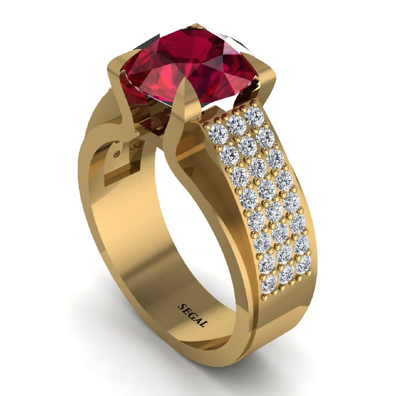 Stylish Wedding Bands For Men-Round Cut Ruby 14K Gold Pave Engagement Ring - Saylor No. 10