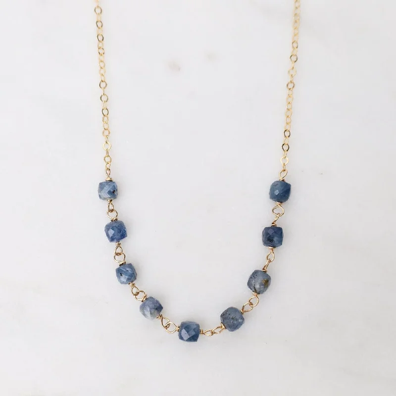 Statement Crystal Necklaces For Fashion Lovers-Handmade Bead Chain of 9 Kyanite Cubes Necklace