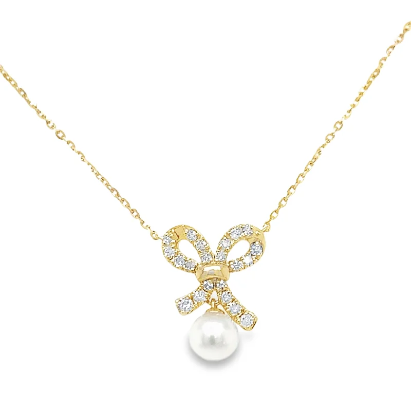 Elegant Heart Shaped Necklaces For Romantic Fashion-14K Yellow Gold Pearl with Diamonds Bow Pendant Necklace