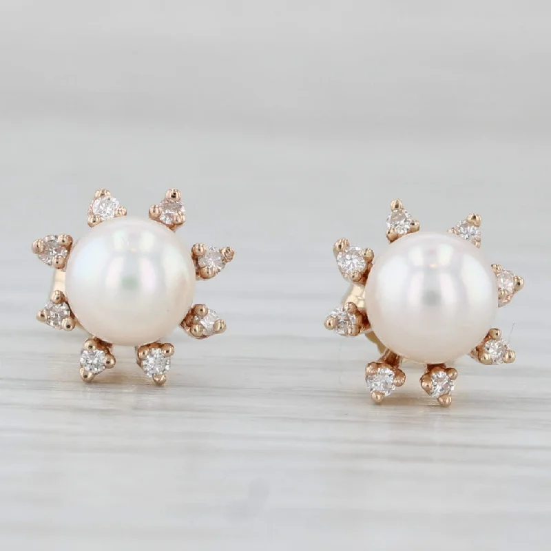 Glamorous Crystal Earrings For Brides-Cultured Pearl 0.15ctw Diamond Halo Stud Earrings 14k Yellow Gold