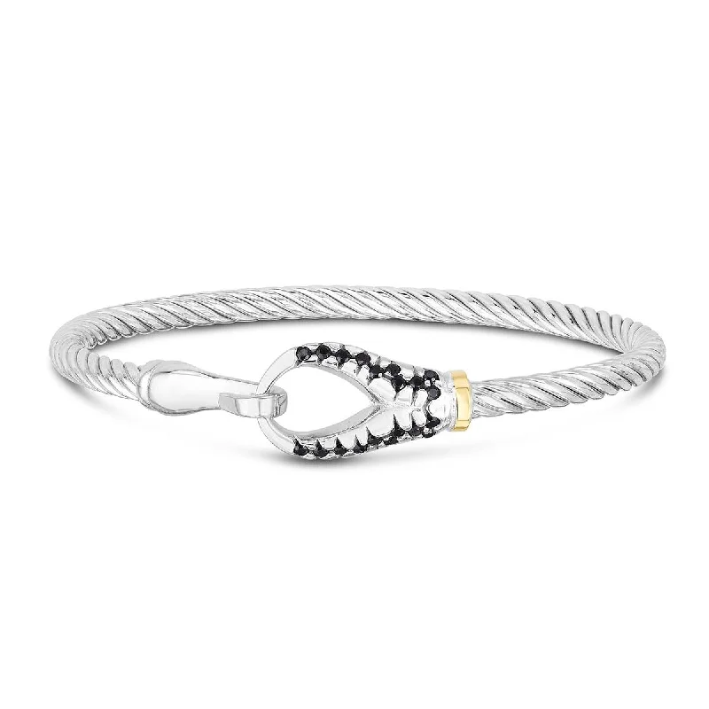 Bangles With Intricate Patterns-STERLING SILVER BANGLE BRACELET WITH BLACK SPINEL AND GOLD ACCENTS