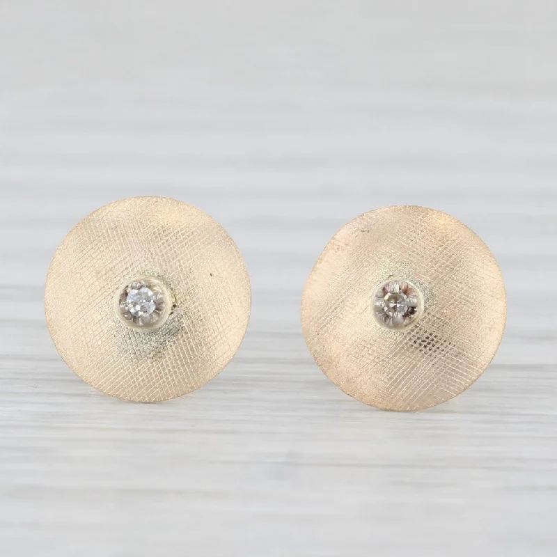 Trendy Square Earrings For Bold Looks-Diamond Solitaire 14k Brushed Yellow Gold Button Stud Earrings