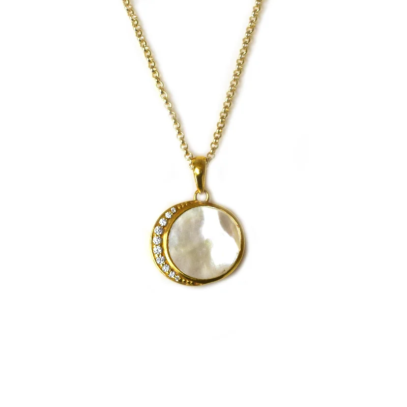 Classic Gold Charm Necklaces For Timeless Jewelry-Mother Of Pearl and Diamond Moon Phase Pendant