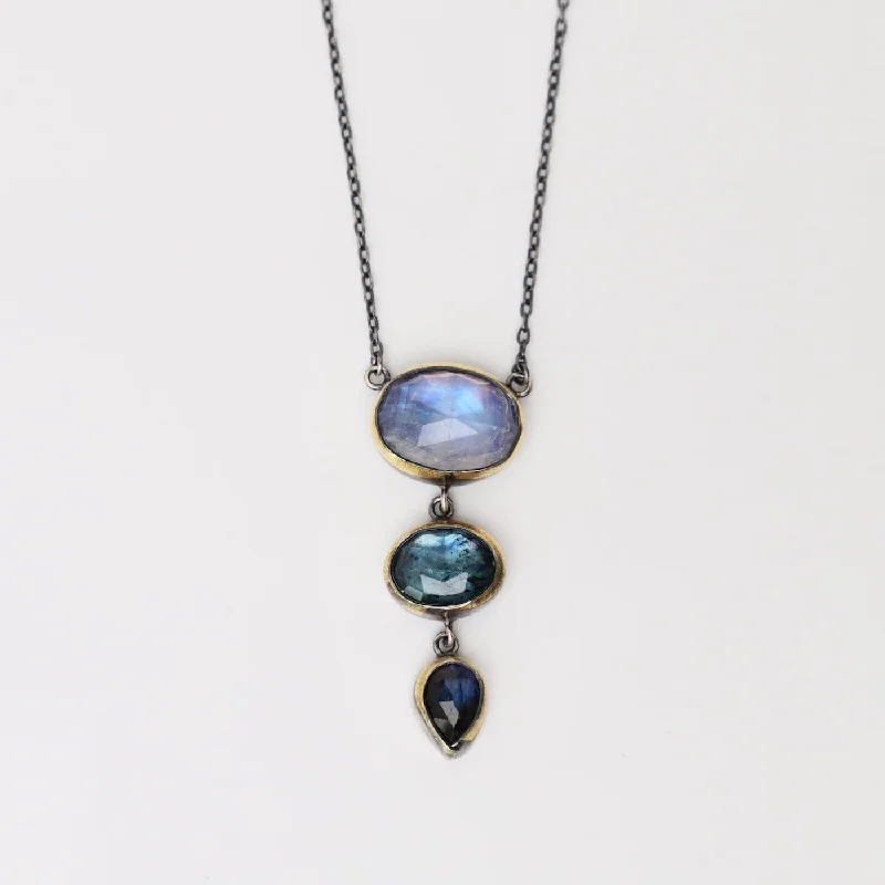 Elegant Pendant Necklaces For Bridesmaids-Moonstone, Teal Kyanite & Labradorite Crescent Rim Triple Drop Necklace