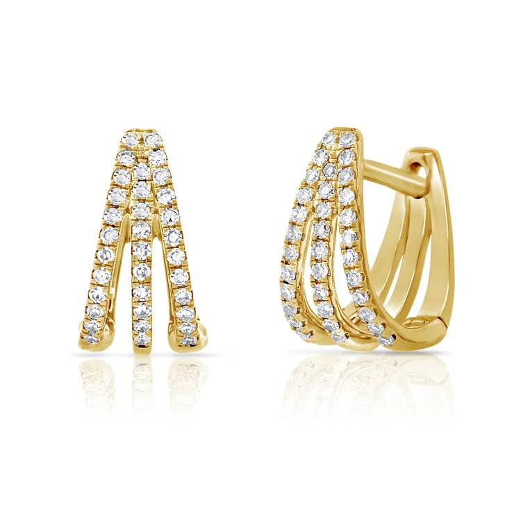 Artistic Handmade Earrings For Women-14K Yellow Gold Diamond Triple Huggie Earrings