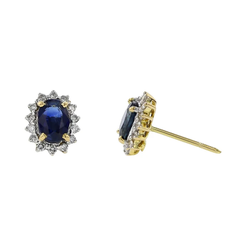 Statement Gemstone Earrings For Bold Fashion-14K Yellow Gold Sapphire and Diamond Halo Earrings