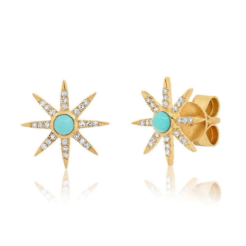 Beautiful Gold Earrings For Weddings-SUNBURST STUD EARRINGS, TURQUOISE