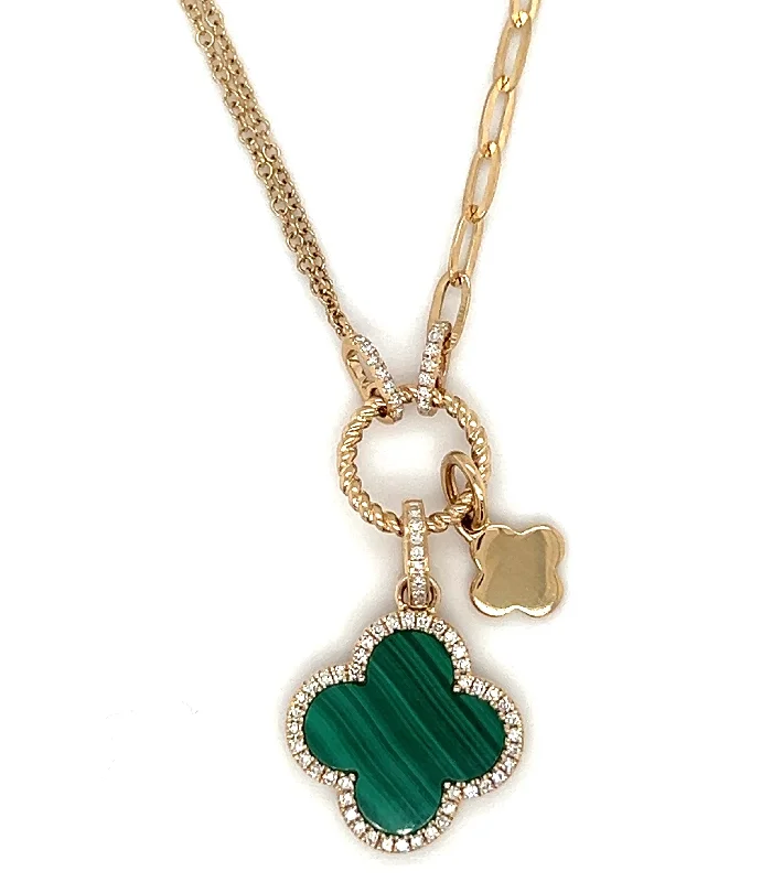 Sparkling Pendant Necklaces For Evening Fashion-14k Yellow Gold Malachite & Diamond Clover Charm Necklace