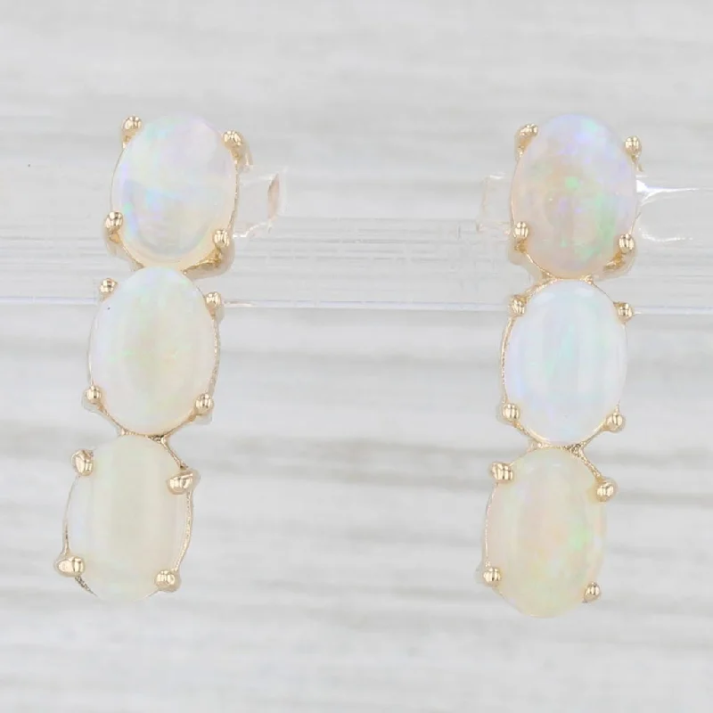 Artistic Handmade Earrings For Women-Opal 3-Stone Journey Drop Earrings 14k Yellow Gold Oval Cabochons