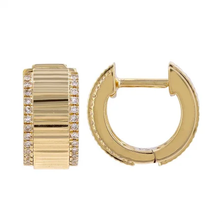 Classic Drop Earrings For Evening Wear-14K Yellow gold Diamond Border Fluted Huggie Hoop Earrings