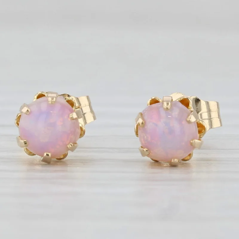 Personalized Pearl Earrings For Bridal Gifts-Vintage Pink Glass Cabochons Simulated Opal Stud Earrings 14k Yellow Gold