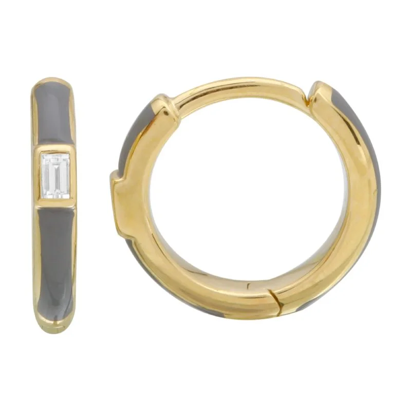 Bold Earrings For Fashion Lovers-14k Yellow Gold Grey Enamel & Diamond Huggie Earrings