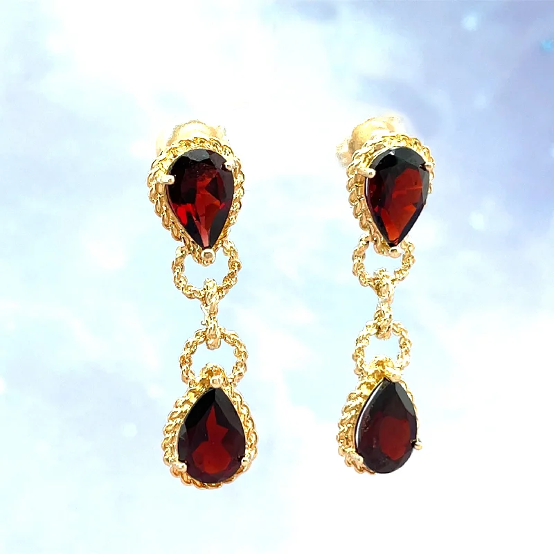 Vibrant Earrings For Festival Fashion-Estate 14K Yellow Gold Garnet Pear Drop Earrings with Rope Twist Detail