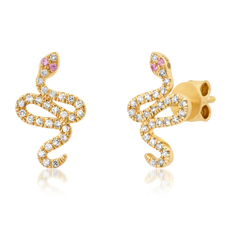 Silver Earrings For Casual Looks-PINK SAPPHIRE EYES DIAMOND SNAKE STUDS, 14kt GOLD