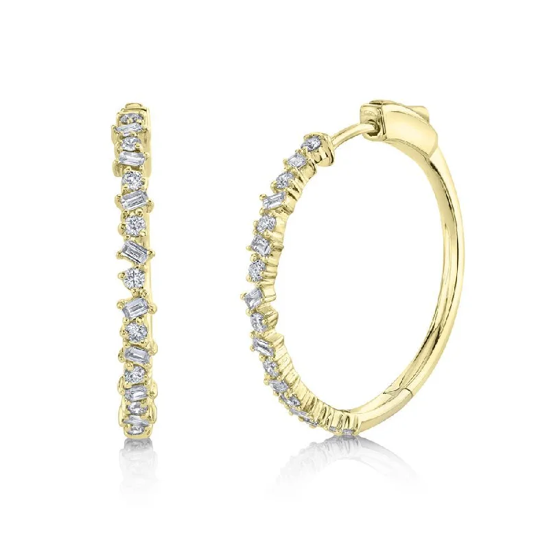 Sparkling Stud Earrings For Formal Events-14K Yellow Gold Round+Baguette Diamond Hoop Earrings