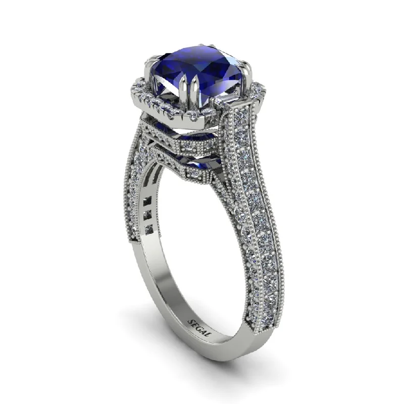 Wedding Bands For Same-Sex Couples-Sapphire Three Halo Milgrain Engagement Ring - Mira No. 15