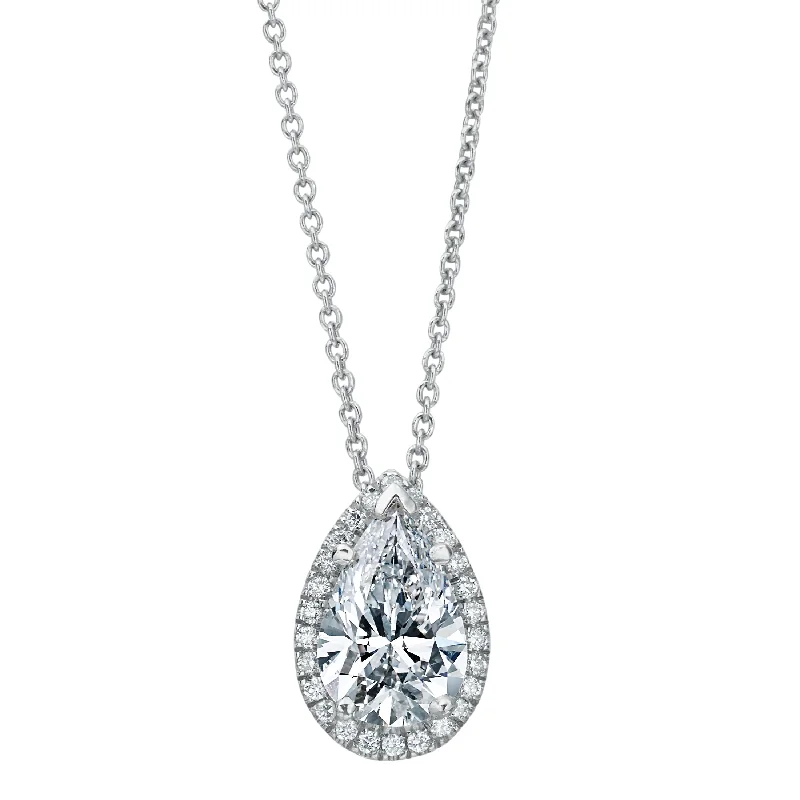 Layered Crystal Necklaces For Evening Glam-Pear Shape Diamond Halo Pendant Necklace 18K White Gold