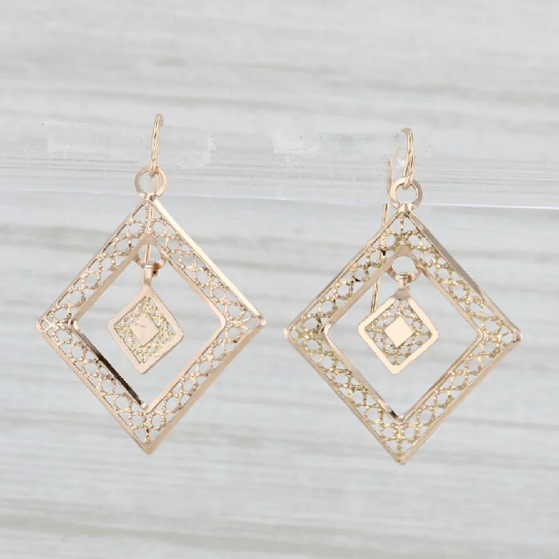 Colorful Drop Earrings For Casual Style-Filigree Square Dangle Earrings 14k Yellow Gold Hook Posts