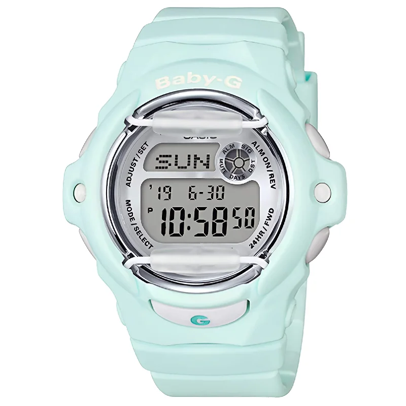 Watches With Circular Embellishments-Casio Women's Digital Watch - Baby-G Digital Dial Light Green Strap Dive | BG169R-3