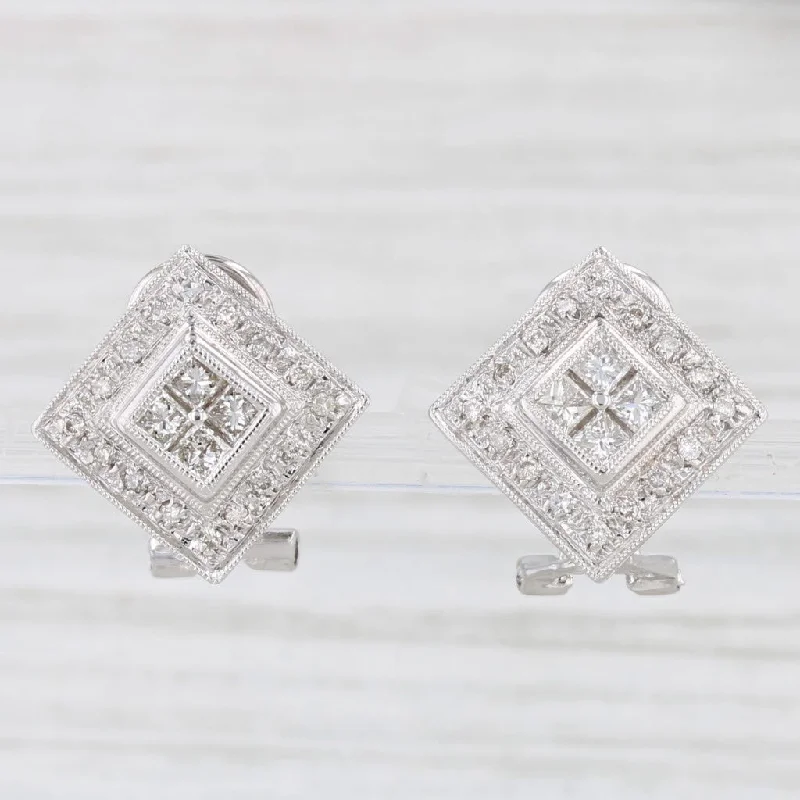 Stunning Gold Earrings For Special Occasions-0.76ctw Diamond Square Halo Stud Earrings 14k Gold Pierced Drops Omega Backs