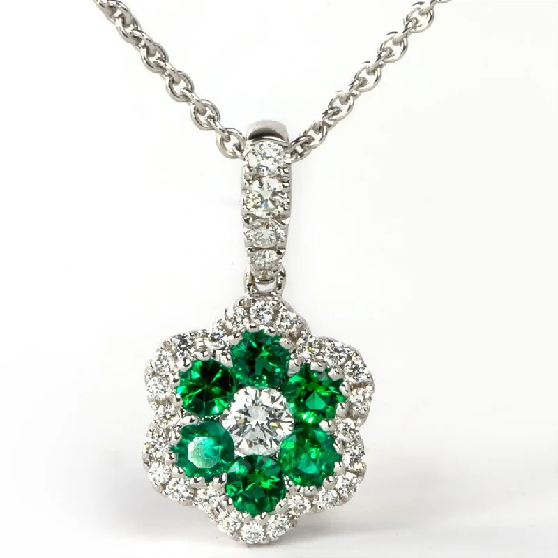 Classic Silver Pendant Necklaces For Formal Wear-Emerald & Diamond Halo Flower Pendant Necklace 18K White Gold