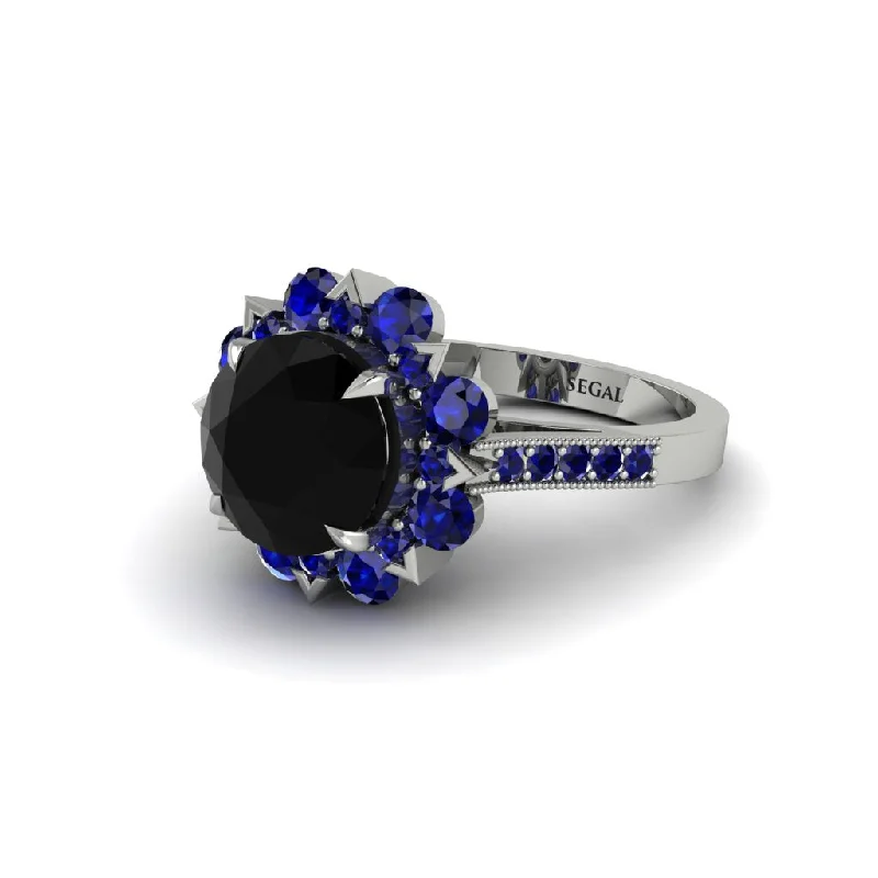 Custom Gemstone Wedding Rings For Brides-Black Diamond Halo Sunburst Engagement Ring - Winter No. 69