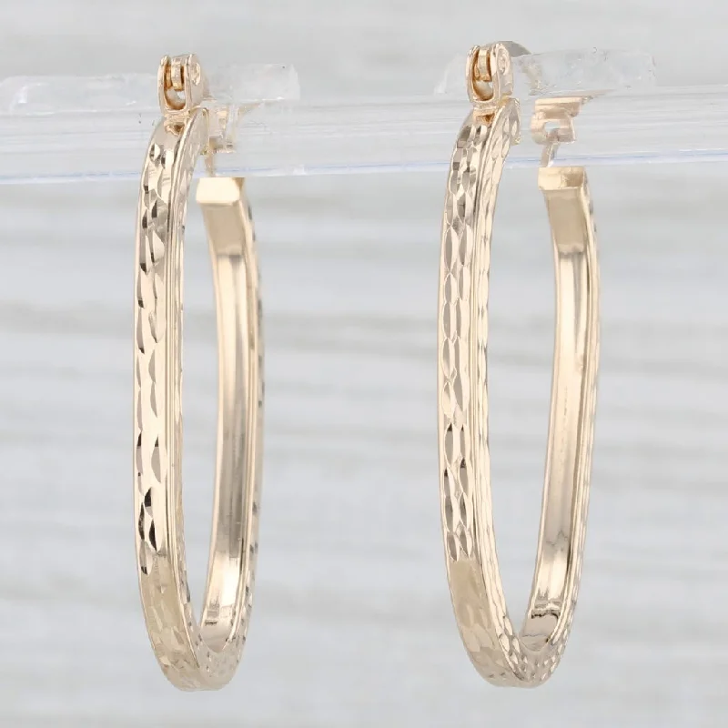 Beautiful Handmade Earrings For Gifts-Etched Pattern Oval Hoop Earrings 14k Yellow Gold Snap Top Hoops