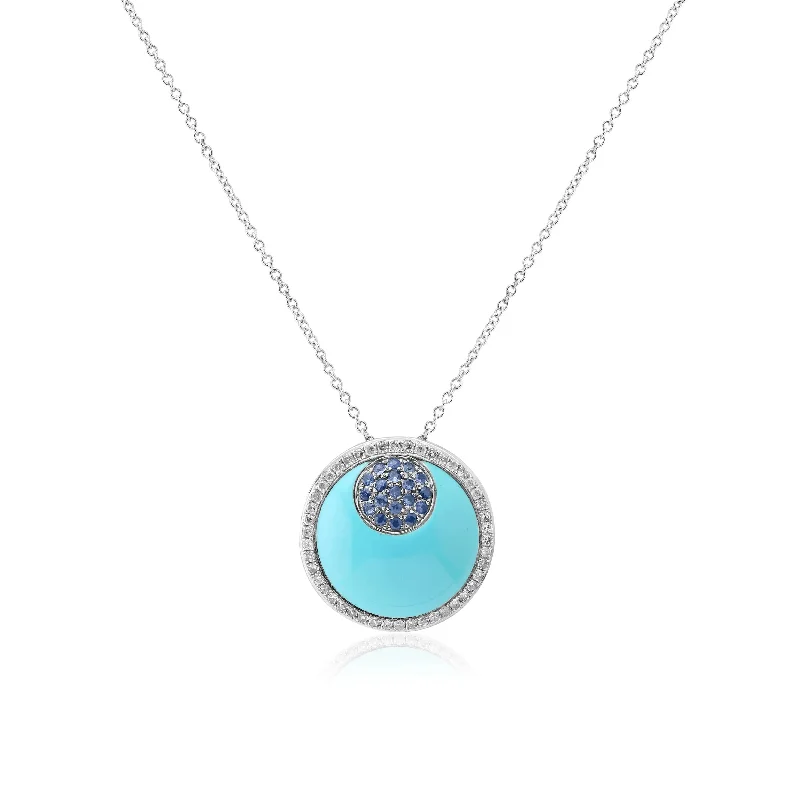 Modern Long Necklaces For Casual Style-14k White Gold Diamond, Turquoise and Sapphire Necklace