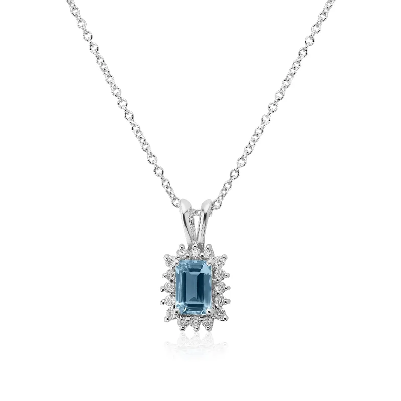 Custom Silver Necklaces For Thoughtful Gifts-14k White Gold Blue Topaz and Diamond Necklace