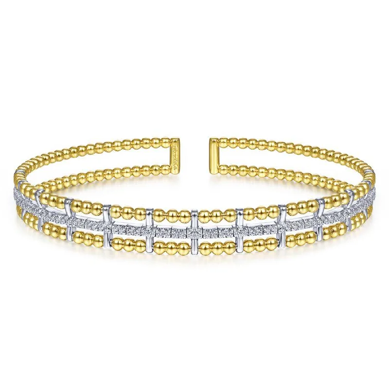 Bracelets With Topaz Stones-Gabriel & Co. - BG4323-62M45JJ - 14K Yellow and White Gold Bujukan Bead Cuff Bracelet with Inner Diamond Channel