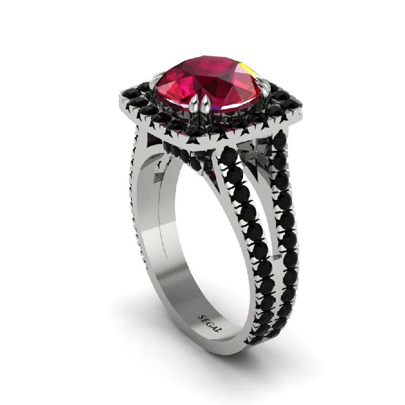 Simple Titanium Rings For Everyday Wear-Ruby Pave Split Shank Engagement Ring - Averie No. 42