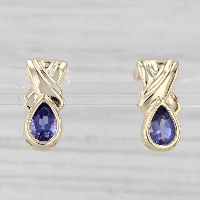 Large Statement Earrings For Fashion Lovers-1.10ctw Iolite Drop Earrings 10k Yellow Gold