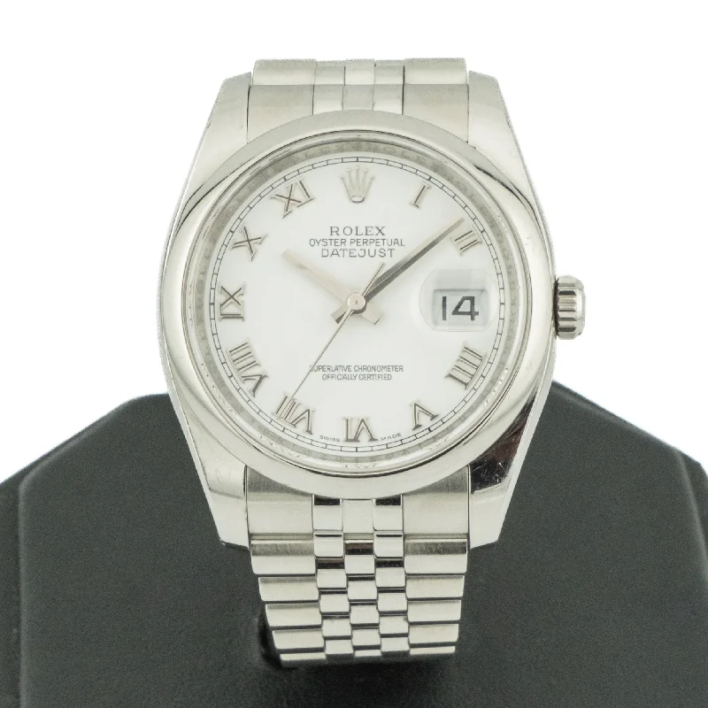 Watches With Custom Engravings-2009 Rolex Datejust Steel White Roman Dial Jubilee Bracelet Mens 36mm Watch 116200