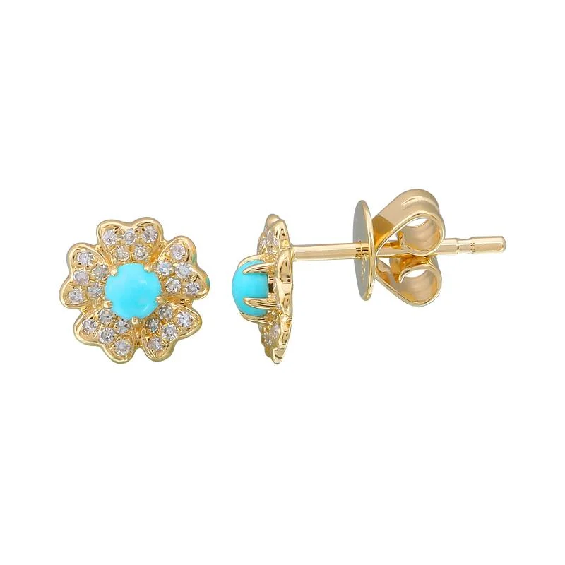 Chic Gold Earrings For Chic Fashion-14k Yellow Gold Diamond and Turquoise Flower Stud Earrings