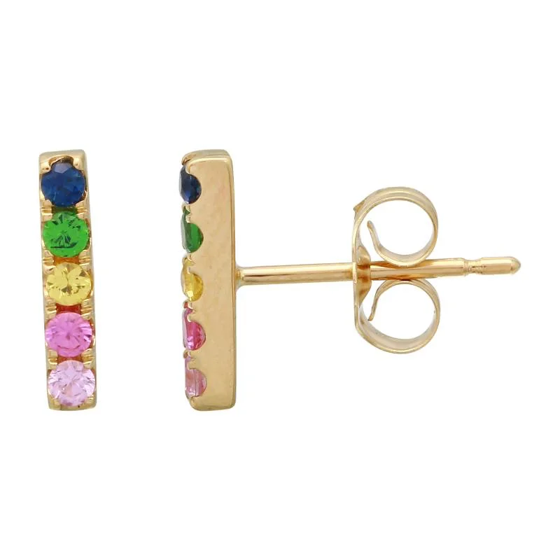 Statement Earrings For Fashionistas-14K Yellow Gold Rainbow Multi-Sapphire Bar Earrings