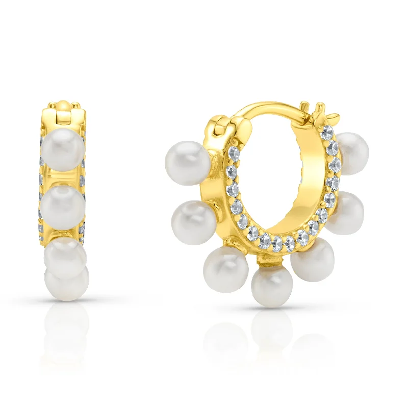 Classic Drop Earrings For Bridal Looks-PEARL HALO HUGGIE EARRINGS, GOLD