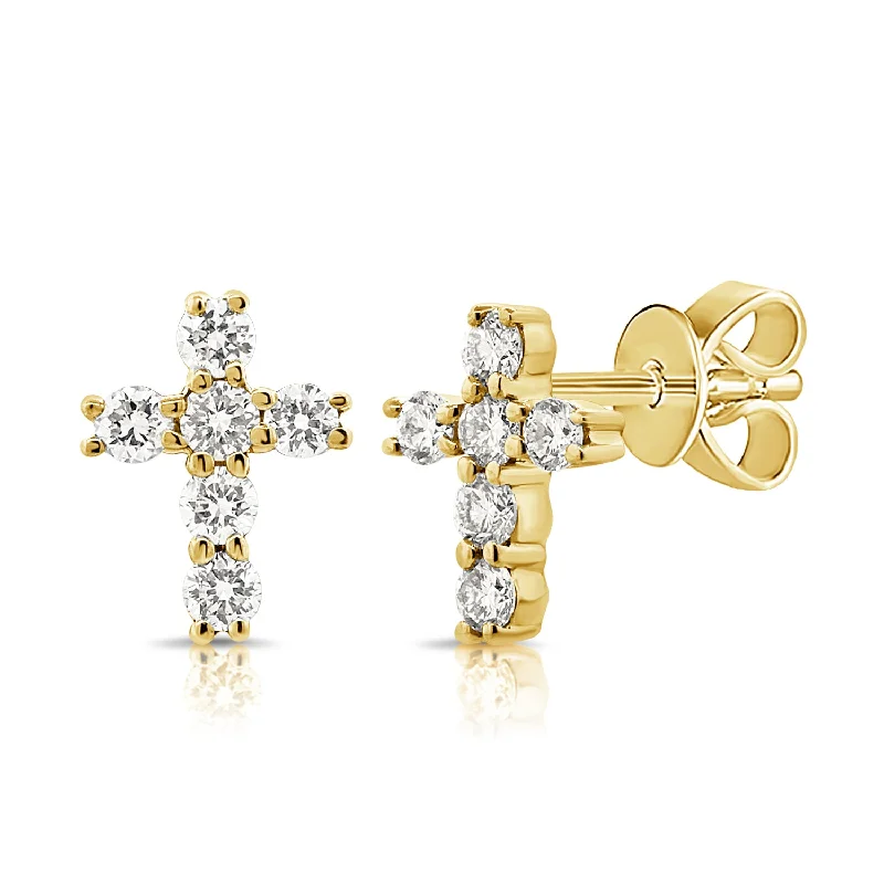 Chunky Hoop Earrings For Everyday Wear-14K Yellow Gold Diamond Cross Earrings