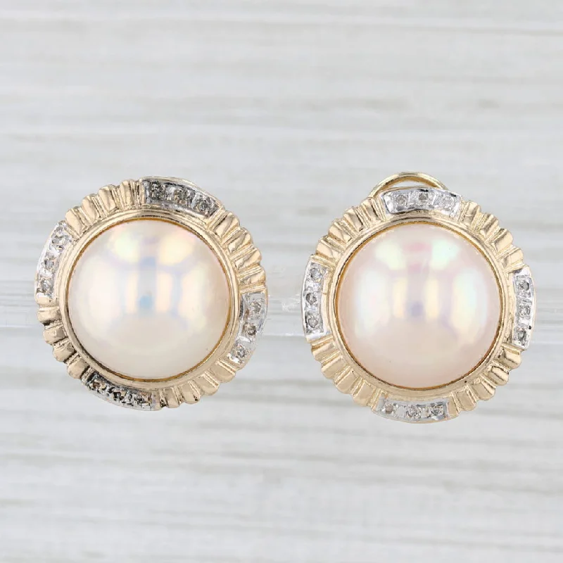 Elegant Swarovski Earrings For Evening Wear-Mabe Pearl Cabochon Diamond Button Earrings 14k Yellow Gold Omega Backs