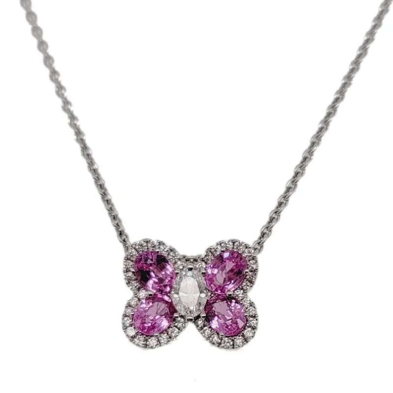 Vintage Bar Necklaces For Retro Fashion-18k White Gold Pink Sapphire and Diamond Butterfly Necklace