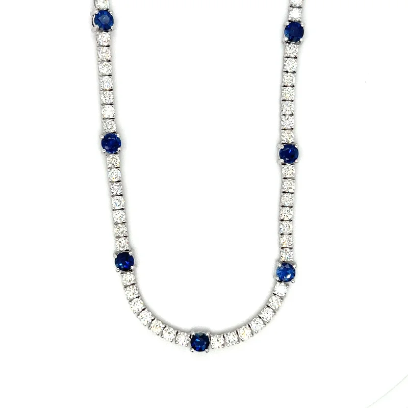 Layered Gemstone Necklaces For Beautiful Style-14k White Gold Blue Sapphire & Diamond Tennis Necklace