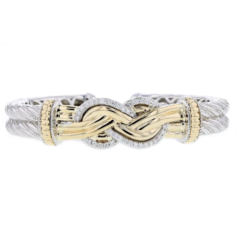 Bangles For Party Wear-SCULPTED DESIGN SILVER AND GOLD BANGLE BRACELET WITH DIAMONDS, .54 CT TW